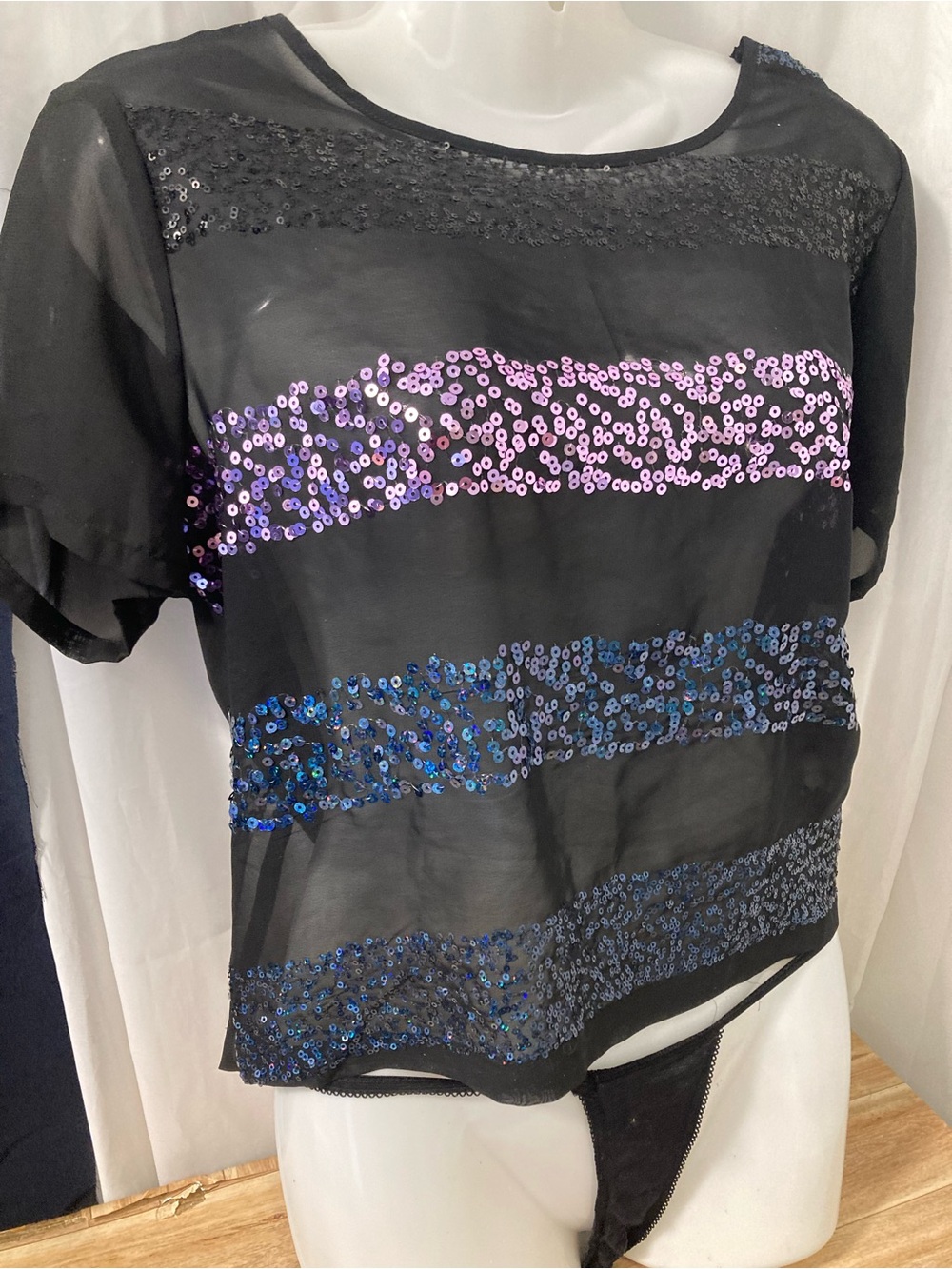 Material Girl Sheer Sequin Party Top Black Purple Blue Size L